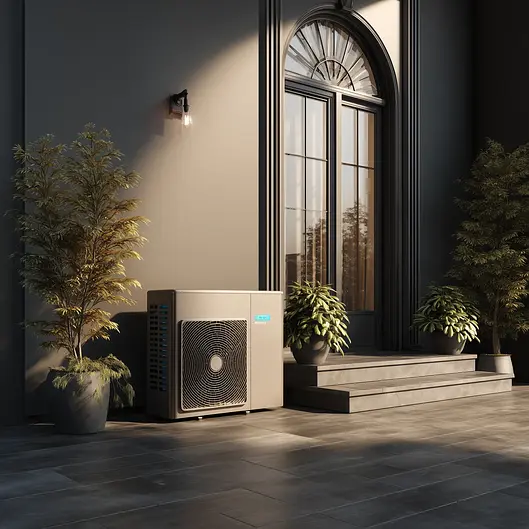 Modern outdoor area with a large window, steps, potted plants, and an air conditioning unit on a tiled floor.